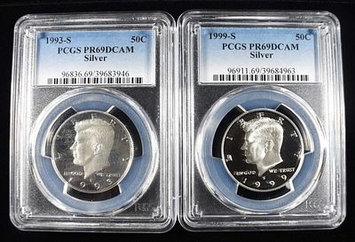 1993-S & 1999-S KENNEDY 50C PCGS SUPERB GEM+ PROOF. WEEKLY COIN & CURRENCY AUCTIONS ESTIMATE 