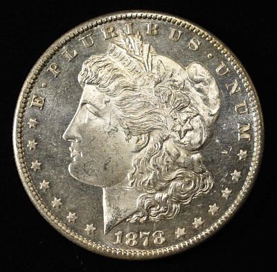 1878-S MORGAN DOLLAR GEM BU PROOF LIKE. WEEKLY COIN & CURRENCY AUCTIONS ESTIMATE $350 - $400.