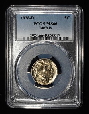 1938-D BUFFALO NICKEL PCGS MS66. TOP RATED AUCTION HOUSE ESTIMATE $80 - $120.