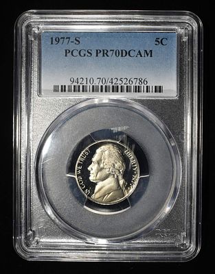 1977-S JEFFERSON NICKEL PCGS PR70DCAM. CHECK OUT OUR UPCOMING AUCTIONS ESTIMATE $150 - $200.