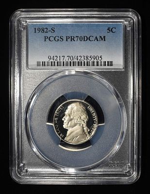 1982-S JEFFERSON NICKEL PCGS PR70DCAM. WEEKLY COIN & CURRENCY AUCTIONS ESTIMATE $80 - $120.