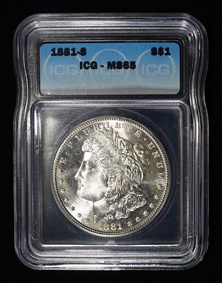 1881-S MORGAN DOLLAR ICG MS65. LEADERS IN ON-LINE AUCTIONS ESTIMATE $160 - $210.