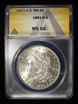 1881-O MORGAN DOLLAR ANACS MS 62. CHECK OUT OUR UPCOMING AUCTIONS ESTIMATE $160 - $180.