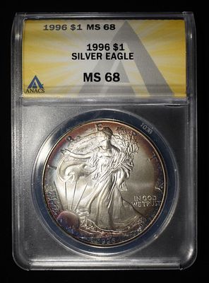 1996 AMERICAN SILVER EAGLE ANACS MS 68. LEADERS IN ON-LINE AUCTIONS ESTIMATE $150 - $200.