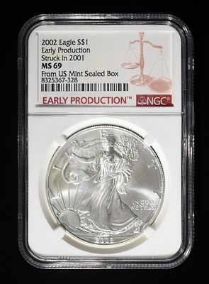 2002 AMERICAN SILVER EAGLE NGC MS69. EARLY PRODUCTION STRUCK IN 2001 ESTIMATE $500-$550.