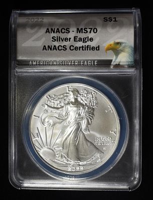 2022 AMERICAN SILVER EAGLE ANACS MS70. BID WITH SILVER CITY AUCTIONS ESTIMATE $120 - $160.