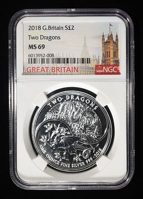 2018 TWO DRAGONS 1 OZ .999 SILVER ROUND NGC MS69. LEADERS IN ON-LINE AUCTIONS ESTIMATE $130 - $180.