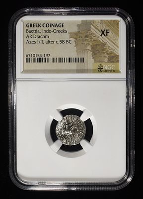 AZES I/II, AFTER C. 58 BC NGC XF. BACTRIA, INDO-GREEKS, GREEK COINAGE, AR DRACHM ESTIMATE $250 - 