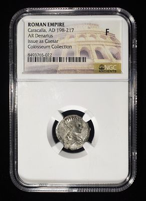 CARACALLA, AD 198-217 NGC F. ISSUE AS CAESAR, ROMAN EMPIRE, AR DENARIUS ESTIMATE $150 - $200.