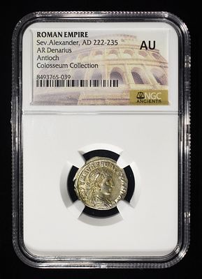 SEV. ALEXANDER, AD 222-235 NGC AU- ANTIOCH. ROMAN EMPIRE, AR DENARIUS ESTIMATE $250 - $300.