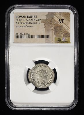 PHILIP II, AD 247-249 NGC VF. ISSUE AS CAESAR, ROMAN EMPIRE, AR DOUBLE-DENARIUS ESTIMATE $180 - $220.