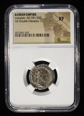 VOLUSIAN, AD 251-253 NGC XF. ROMAN EMPIRE, AR DOUBLE-DENARIUS ESTIMATE $250 - $300.