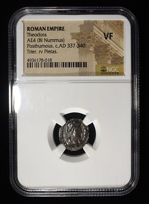 THEODORA, C.AD 337-340 NGC VF. ROMAN EMPIRE, AE4 (BI NUMMUS) ESTIMATE $150 - $200.