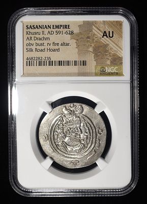 KHUSRU II, AD 591-628 NGC AU. SASANIAN EMPIRE, AR DRACHM ESTIMATE $170 - $220.
