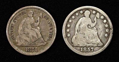 1857 & 1871 SEATED LIBERTY HALF DIMES VG/G. BID WITH SILVER CITY AUCTIONS ESTIMATE $75 - $100.