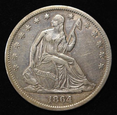1864-S SEATED LIBERTY HALF DOLLAR XF. LEADERS IN ON-LINE AUCTIONS ESTIMATE $500 - $600.