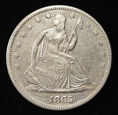 1865 SEATED LIBERTY HALF DOLLAR XF/AU. TOP RATED AUCTION HOUSE ESTIMATE $700 - $800.
