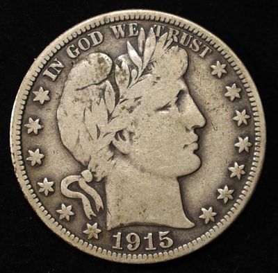 1915 BARBER HALF DOLLAR FINE. WEEKLY COIN & CURRENCY AUCTIONS ESTIMATE $250 - $300.