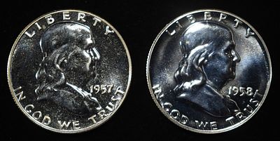 1957 & 1958 FRANKLIN HALF DOLLARS PROOF BU. CHECK OUT OUR UPCOMING AUCTIONS ESTIMATE $90 - $130.