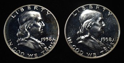 (2) 90% SILVER 1958 FRANKLIN HALF DOLLARS PROOF BU. LEADERS IN ON-LINE AUCTIONS ESTIMATE $90 - $130.