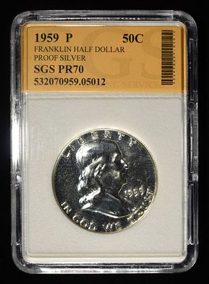 1959-P FRANKLIN HALF DOLLAR SGS PERFECT GEM PROOF. TOP RATED AUCTION HOUSE ESTIMATE $300 - $350.