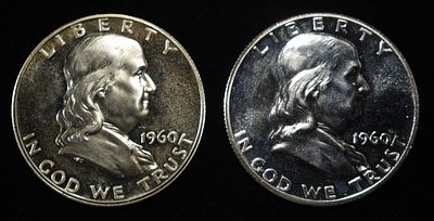 (2) 90% SILVER 1960 FRANKLIN HALF DOLLARS PROOF BU. WEEKLY COIN & CURRENCY AUCTIONS ESTIMATE $90 