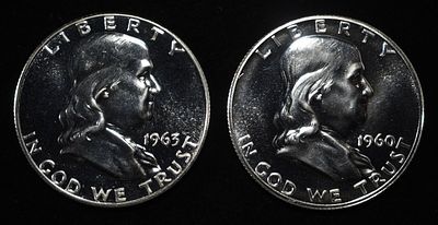 (2) 90% SILVER FRANKLIN HALF DOLLARS PROOF BU. 1960 & 1963 ESTIMATE $90 - $130.