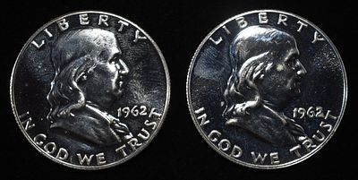 (2) 90% SILVER 1962 FRANKLIN HALF DOLLARS PROOF BU. TOP RATED AUCTION HOUSE ESTIMATE $90 - $130.