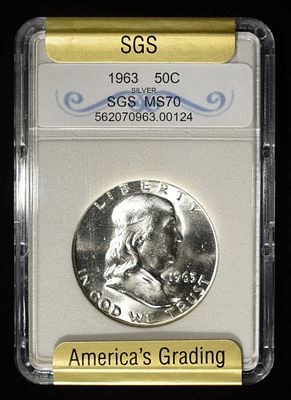 1963 FRANKLIN HALF DOLLAR SGS PERFECT GEM BU. LEADERS IN ON-LINE AUCTIONS ESTIMATE $300 - $350.