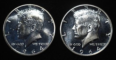 (2) 90% SILVER 1964 KENNEDY HALF DOLLARS PROOF BU. BID WITH SILVER CITY AUCTIONS ESTIMATE $90 - $130.