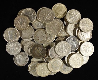 (50) 90% SILVER ROOSEVELT DIMES. BID WITH SILVER CITY AUCTIONS ESTIMATE $400 - $450.