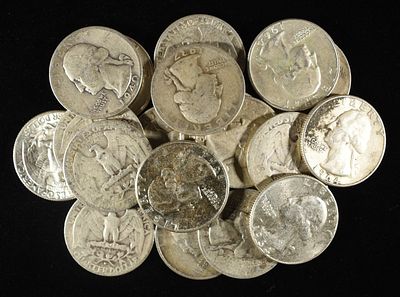 (20) 90% SILVER WASHINGTON QUARTERS. WEEKLY COIN & CURRENCY AUCTIONS ESTIMATE $420 - $460.