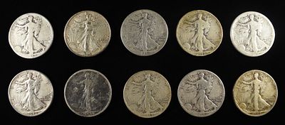 (10) 90% SILVER WALKING LIBERTY HALVES. TOP RATED AUCTION HOUSE ESTIMATE $450 - $550.