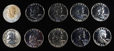 (10) 90% SILVER FRANKLIN HALF DOLLARS PROOF. WEEKLY COIN & CURRENCY AUCTIONS ESTIMATE $320 - $370.