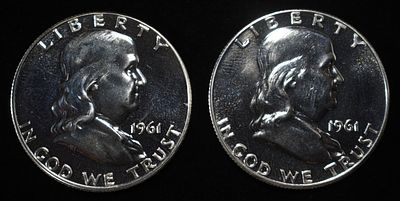 (2) 90% SILVER 1961 FRANKLIN HALF DOLLARS PROOF BU. BID WITH SILVER CITY AUCTIONS ESTIMATE $90 - 