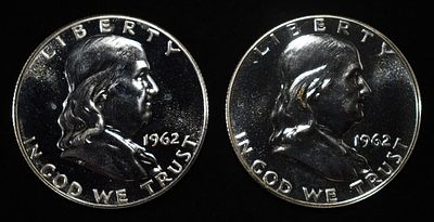(2) 90% SILVER 1962 FRANKLIN HALF DOLLARS PROOF BU. WEEKLY COIN & CURRENCY AUCTIONS ESTIMATE $90 