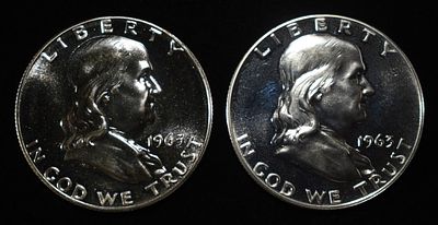 (2) 90% SILVER 1963 FRANKLIN HALF DOLLARS PROOF BU. BID WITH SILVER CITY AUCTIONS ESTIMATE $90 - 