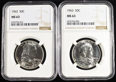 (2) 1963 FRANKLIN HALF DOLLAR NGC MS63. WEEKLY COIN & CURRENCY AUCTIONS ESTIMATE $90 - $130.
