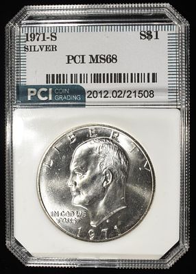 1971-S EISENHOWER DOLLAR PCI SUPERB GEM+ BU SILVER. WEEKLY COIN & CURRENCY AUCTIONS ESTIMATE $90 