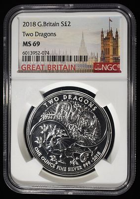 2018 TWO DRAGONS 1 OZ .999 SILVER ROUND NGC MS69. TOP RATED AUCTION HOUSE ESTIMATE $130 - $180.