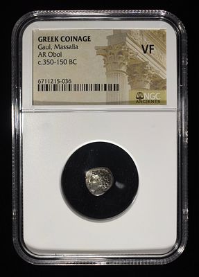 C.350-150 BC, GAUL NGC VF. MASSALIA, GREEK COINAGE, AR OBOL ESTIMATE $250 - $300.