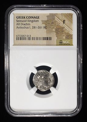 ANTIOCHUS I, 281-261 BC NGC F. RV. BUCEPHALUS, GREEK COINAGE, SELEUCID KINGDOM, AR DRACHM 