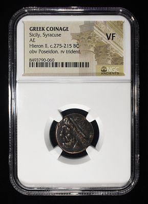 HIERON II, C. 275-215 BC NGC VF. SICILY, SYRACUSE, GREEK COINAGE, AE ESTIMATE $190 - $240.