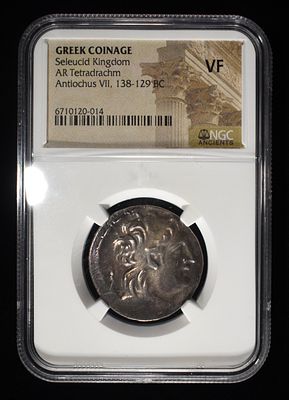 ANTIOCHUS VII, 138-129 BC NGC VF. SELEUCID KINGDOM, GREEK COINAGE, AR TERADRACHM ESTIMATE $380 - 