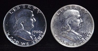 (2) 90% SILVER 1960 FRANKLIN HALF DOLLARS PROOF BU. TOP RATED AUCTION HOUSE ESTIMATE $90 - $130.