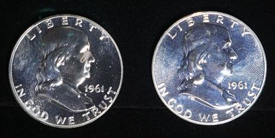 (2) 90% SILVER 1961 FRANKLIN HALF DOLLARS PROOF BU. TOP RATED AUCTION HOUSE ESTIMATE $90 - $130.