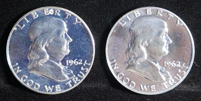 (2) 90% SILVER 1962 FRANKLIN HALF DOLLARS PROOF BU. BID WITH SILVER CITY AUCTIONS ESTIMATE $90 - 