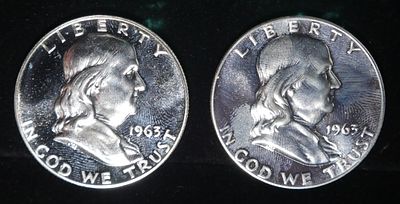 (2) 90% SILVER 1963 FRANKLIN HALF DOLLARS PROOF BU. CHECK OUT OUR UPCOMING AUCTIONS ESTIMATE $90 