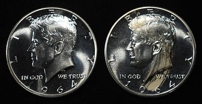 (2) 90% SILVER 1964 KENNEDY HALF DOLLARS PROOF BU. TOP RATED AUCTION HOUSE ESTIMATE $90 - $130.