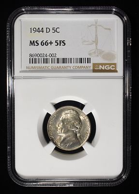 1944-D JEFFERSON NICKEL NGC MS 66+ 5FS. BID WITH SILVER CITY AUCTIONS ESTIMATE $80 - $120.